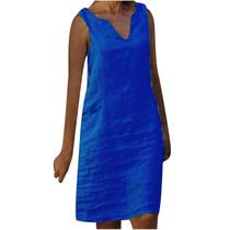 Moda feminina casual plus size com decote em V cor soild colete sem mangas vestido de linho