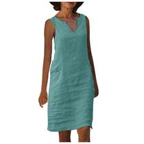 Moda feminina casual plus size com decote em V cor soild colete sem mangas vestido de linho