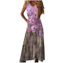 Moda feminina casual verão solto estampado em volta do pescoço vestido sem mangas Moda feminina casual verão solto estampado em volta do pescoço vestido sem mangas