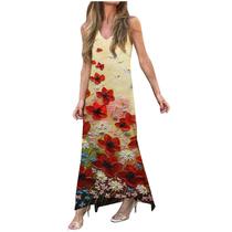 Moda feminina casual verão solto estampado em volta do pescoço vestido sem mangas