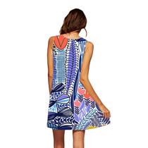 Moda feminina casual verão solto estampado em volta do pescoço vestido sem mangas Moda feminina casual verão solto estampado em volta do pescoço vestido sem mangas