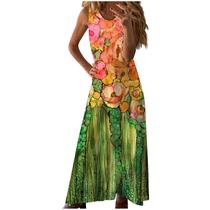 Moda feminina casual verão solto estampado em volta do pescoço vestido sem mangas