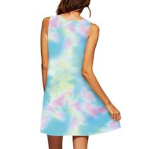 Moda feminina casual verão solto estampado em volta do pescoço vestido sem mangas