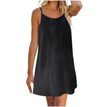 Moda feminina com decote em V sem mangas estilingue cor sólida casual verão mini vestidos