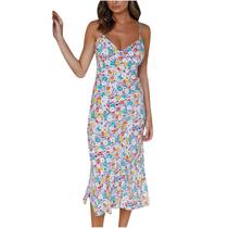 Moda Feminina com decote em V Verão Sexy Impressão Backless Sem Mangas Camis Vestidos