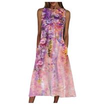 Moda feminina estampas confortáveis verão o-neck senhoras bolsos vestido sem mangas