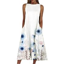 Moda feminina estampas confortáveis verão o-neck senhoras bolsos vestido sem mangas