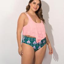 Moda feminina grande cor gorda impressão de duas peças maiô roupa de banho roupa de praia Moda feminina grande cor gorda impressão de duas peças maiô roupa de banho roupa de praia
