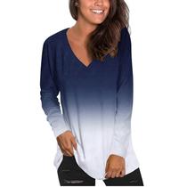 Moda feminina impressão casual gradiente com decote em V manga comprida solta camisetas