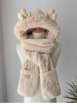 Moda Feminina Inverno Chifres De Alce Chapéu De Pelúcia Cachecol Luvas Conjunto Protetor De Orelha