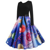 Moda feminina outono natal o-neck impressão solto confortável vestido de manga comprida