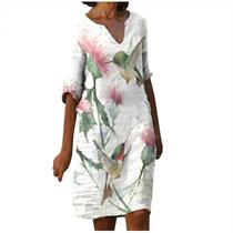 Moda Feminina Plus Size Casual Impresso Comprimento Médio Vestido de manga comprida com decote em V