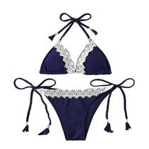 Moda feminina sexy renda sólida maiô cintura alta biquíni dividido conjunto de roupa de banho