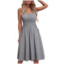 Moda feminina verão à beira-mar sling sem mangas com decote em v cor sólida vestido casual Moda feminina verão à beira-mar sling sem mangas com decote em v cor sólida vestido casual