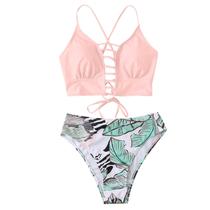 Moda feminina verão patchwork impresso oco tanque sexy biquíni de duas peças maiô traje de banho