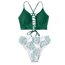 Moda feminina verão patchwork impresso oco tanque sexy biquíni de duas peças maiô traje de banho