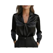 Moda outono temperamento cor sólida cetim plissado camisa de manga comprida para mulher
