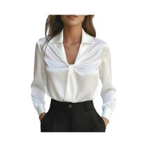 Moda outono temperamento cor sólida cetim plissado camisa de manga comprida para mulher
