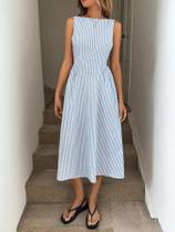 Moda verão novo vestido casual de alta qualidade com listras verticais sem mangas