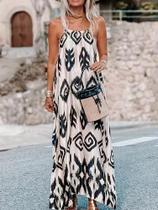Moda verão sem mangas praia vestidos femininos impressão casual vestido longo elegante camisola