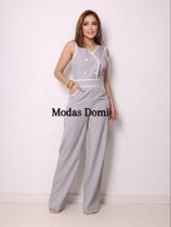 Modas Domi- Macacão Longo Feminino Com Botões Duplos Gola V Contrastante Luis Twill 90402