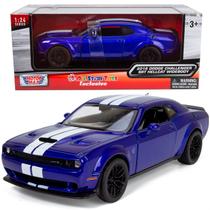 Modelo de carro All Star Toys 2018 Dodge Challenger SRT Hellcat Widebody Indigo Blue com listras de corrida 1/24