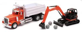 Modelo Diecast NewRay Caminhão Basculante Peterbilt e Escavadeira Kubota