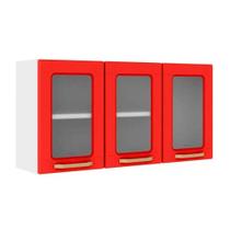 Módulo Cozinha Bertolini Colors Armário 6010 3 Portas c/ Vidro Branco/Vermelho