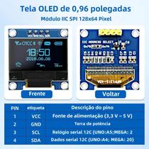 Módulo De Exibição OLED De 128x64 Pixels Tela I2C SSD1306 De 0,96 Polegadas Para Arduino Raspberry
