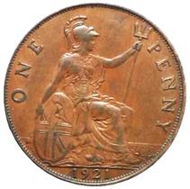 Moeda Antiga Original de Bronze de One Penny de 1921 do Reino Unido - libra esterlina