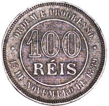 Moeda de 100Réis com Fundo Linhado de 1889da República dos Estados Unidos do Brazil