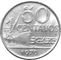 Moeda de 50 centavos de Cruzeiro de 1970 da República Federativa do Brasil