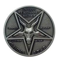 Moeda: pentagrama, caveira de cabra satânica, estrela de cinco pontas, níquel