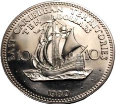 Moeda Rara de 10 Dólares Flor de Cunho Comemorativa de 1980 dos Estados do Caribe Oriental