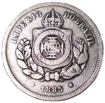 Moeda Soberba de 100 Réis Fundo Liso de 1885 do Império do Brazil