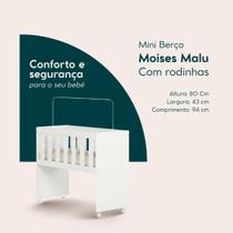 Moises Mini Berço Malu Quarto Bebê Rodizios Meninos Meninas Moderno Colchão Multifuncional Kids Cor Branco - N&E Loja