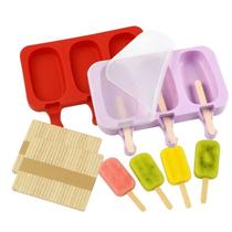 Molde Forma de Sorvete Picolé em Silicone com 3 Cavidades + Tampa com 50 Palitos de Madeira
