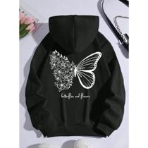 Moletom Blusa de Frio Borboleta Bolso Canguru Cordão Capuz Moletom Blusa de Frio Borboleta Bolso Canguru Cordão Capuz