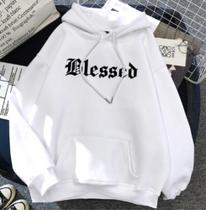 Moletom Canguru Capuz Blusa de Frio Frase Blessed Casaco Unissex Flanelado Inverno