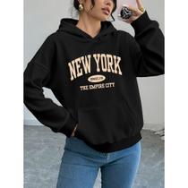 Moletom canguru estampa New York moderna jovem quente algodão capuz bolso blusa de frio feminina Moletom canguru estampa New York moderna jovem quente algodão capuz bolso blusa de frio feminina