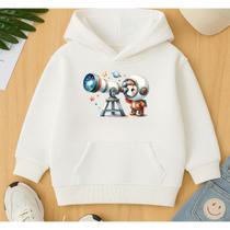 Moletom Canguru Infantil Estampa Astronauta Telescópio Masculino Menino Fofo Sistema Solar Escola