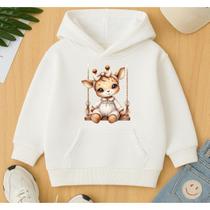 Moletom Canguru Infantil Estampa Girafa no Balanço Lindo Agasalho Blusa de Frio Manga Longa Diversão