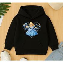 Moletom Canguru Infantil Estampa Princesa Coração Azul Sapatinho Cristal Delicado Blusa De Frio
