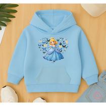 Moletom Canguru Infantil Estampa Princesa Coração Azul Sapatinho Cristal Delicado Blusa De Frio