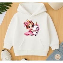 Moletom Canguru Infantil Estampa Princesa e Unicórnio Escola Creche Blusa de Frio Flanelado Conforto