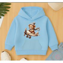 Moletom Canguru Infantil Estampa Urso Avião Fofo Pelúcia Piloto Flanelado Quentinho Tecido Macio