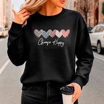 Moletom Careca Feminino Gola Redonda Preto CORAÇÕES CHOOSE HAPPY Minimalista Algodão Macio e Quentin