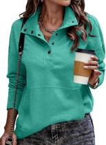 Moletom casual SHEWIN de manga comprida com decote em V para mulheres verde marinho