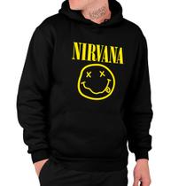 Moletom Com Capuz Básico Logo Nirvana Emoji Carinha Amarela