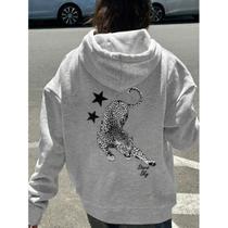 Moletom com Capuz com Estampa Estrela e Estampa de Leopardo, Casual para Outono/Inverno